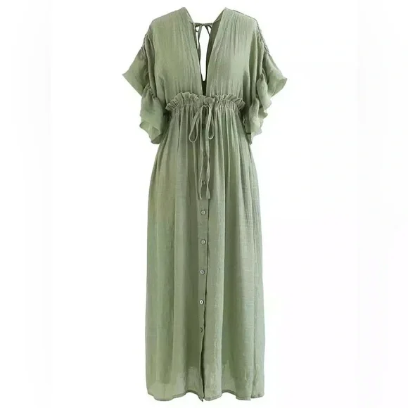 Bohemian Green Long Gauze Boho Shell Button Flutter Maxi Dress, Beach Dress - Picture 5 of 5